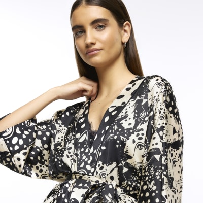 Black satin animal print kimono robe | River Island