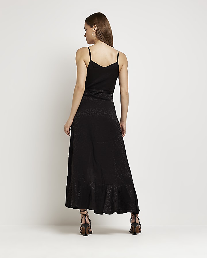 Black satin animal print maxi dress