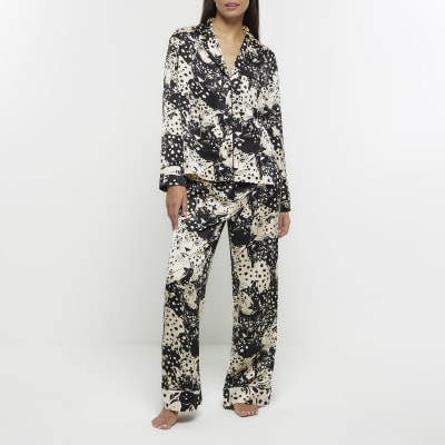 Black satin animal print pyjama shirt River Island