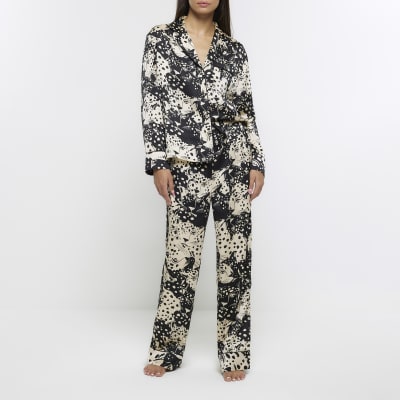 River Island Plus monogram print pajama shirt & pants set in beige