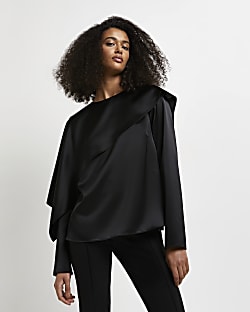 Black satin asymmetric blouse