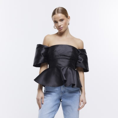 Black satin bardot peplum top | River Island