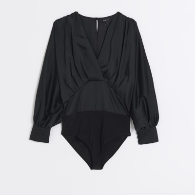 Black satin batwing sleeve bodysuit | River Island