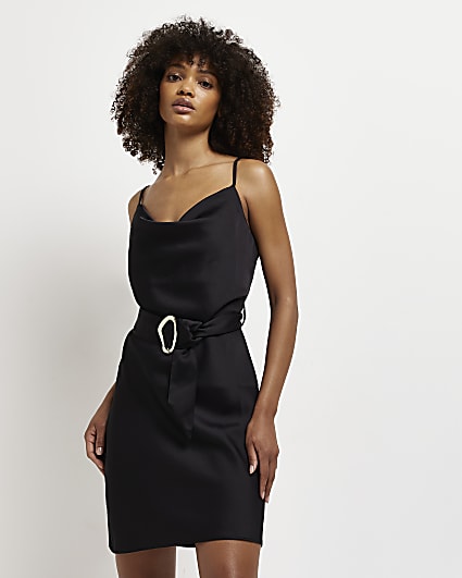 Black satin belted slip mini dress