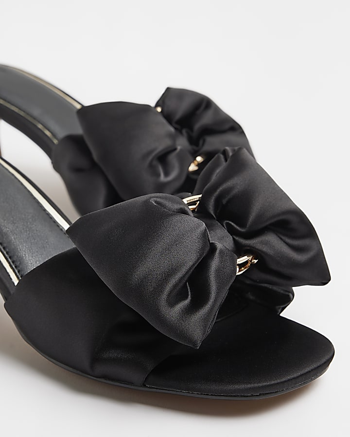 Black satin bow detail heeled mules
