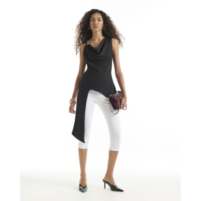 Black Satin Buckle Draped Sash Top