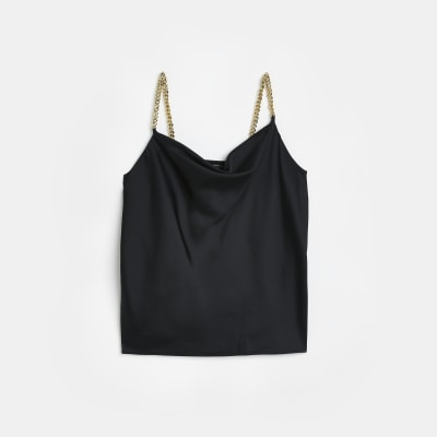 Black satin chain strap cami top | River Island