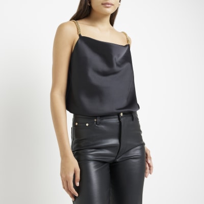 Black satin chain strap cami top