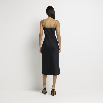 Black satin chain strap slip midi dress River Island