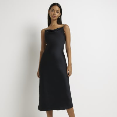 Black satin chain strap slip midi dress | River Island