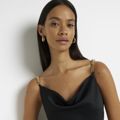 Black satin chain strap slip midi dress | River Island