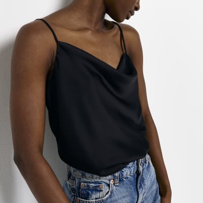 Black satin cowl neck cami top