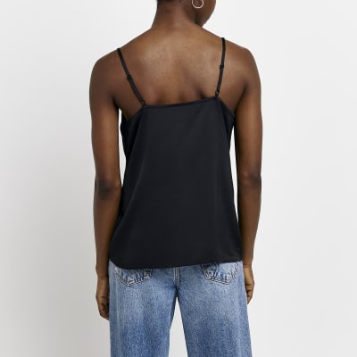 Black satin cowl neck cami top River Island