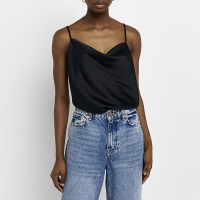 Black satin cowl neck cami top River Island
