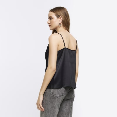 Strappy Cowl Neck Satin Cami Vest Top in Black  One Nation Clothing  Strappy Cowl Neck Satin Cami Vest Top in Black