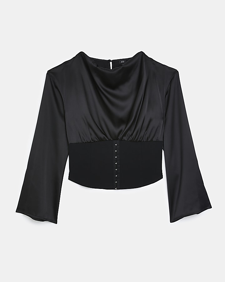 Black satin cowl neck corset top