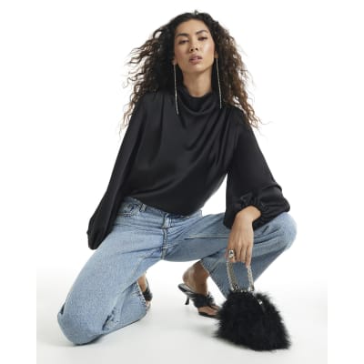 Satin Cowl Neck Long Sleeve Blouse