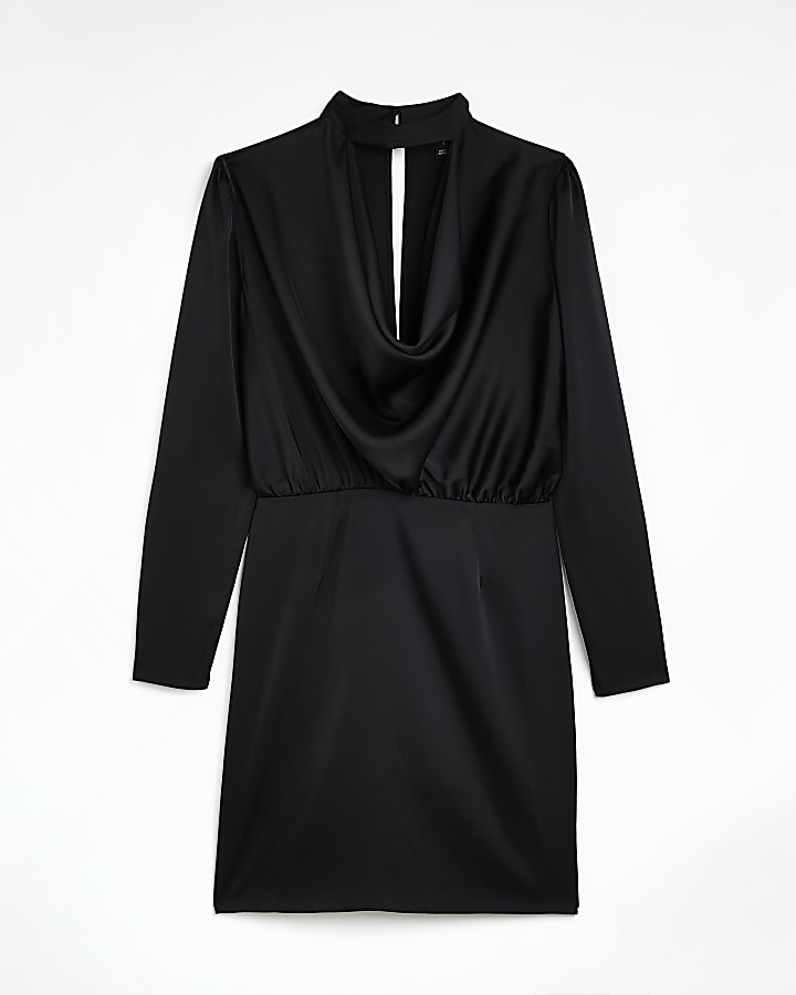 Black satin cowl neck mini dress