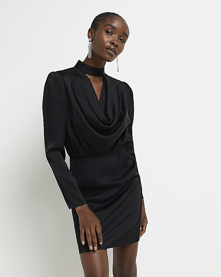 Black satin cowl neck mini dress