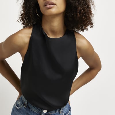 Black satin cowl neck top
