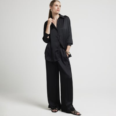 Black satin crinkle trousers River Island