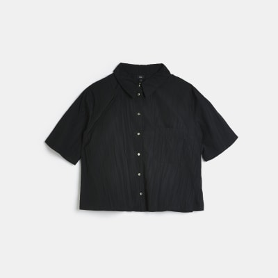 Black satin crop boxy shirt
