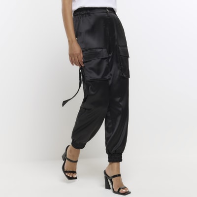 Black satin cuffed cargo trousers | River Island