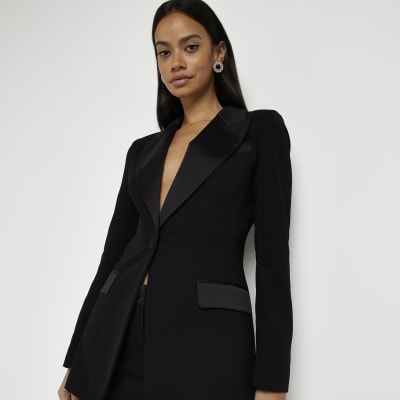 Black satin detail blazer River Island