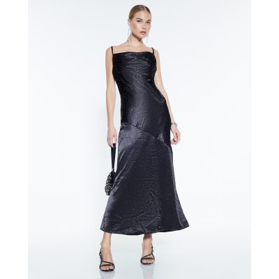 Black Satin Diamante Detail Slip Midi dress
