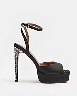 Black satin diamante heeled sandals