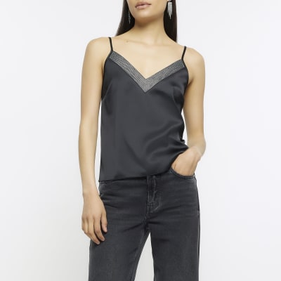 Black satin diamante v neck cami top