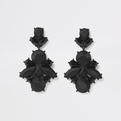 Black satin drop jewel earrings