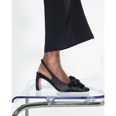 Black Satin Embellished Bow Slingback Heels