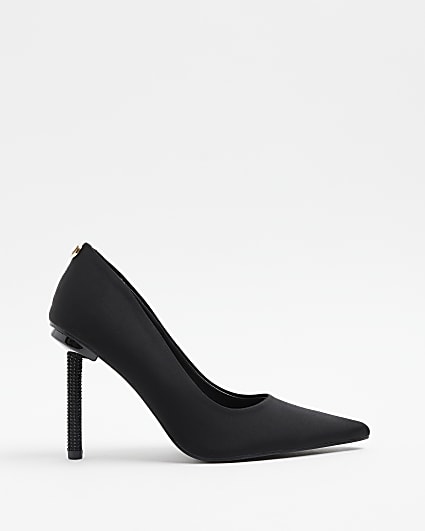 Black satin embellished heeled court shoes