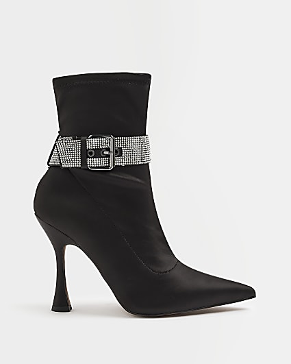 Black satin embellished heeled sock boots