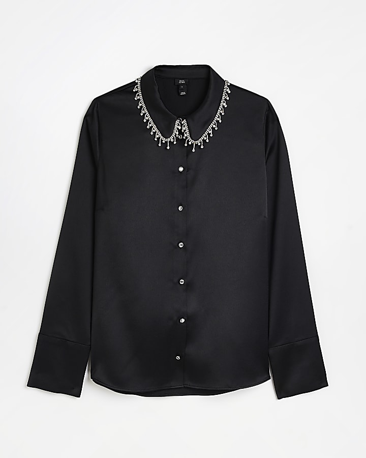Black satin embellished shirt
