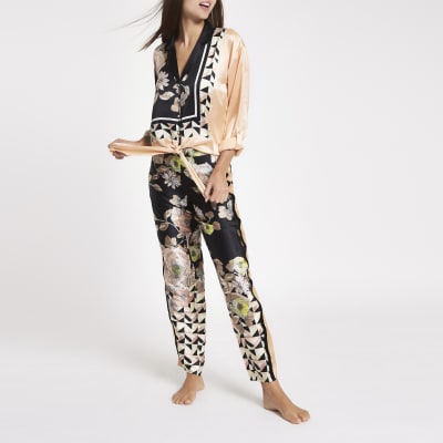 Black satin floral print pyjama trousers