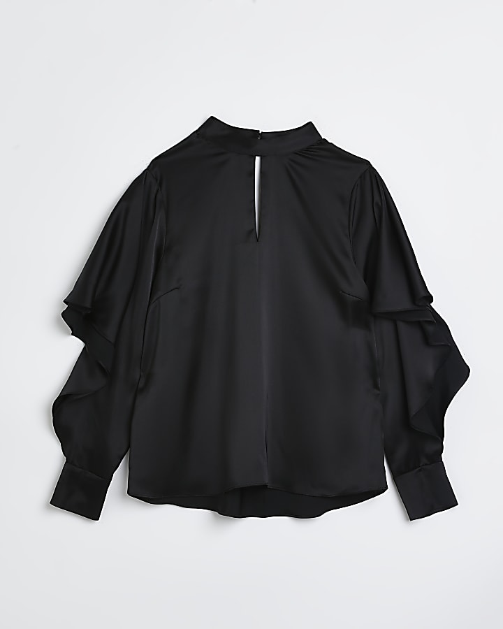 Black satin frill long sleeves blouse