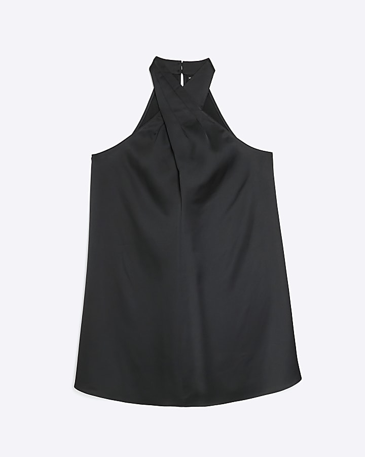 Black satin halter neck mini dress