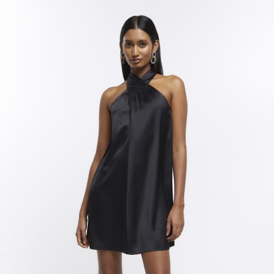 TOPSHOP Satin Knot Halter Neck Mini Dress in Black