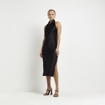 Black satin halter neck slip midi dress