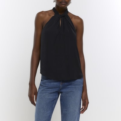 Black satin halter neck top | River Island