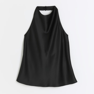 Black satin halter neck top | River Island