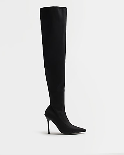 Black satin heeled over the knee boots