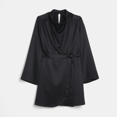 Black satin high neck mini dress