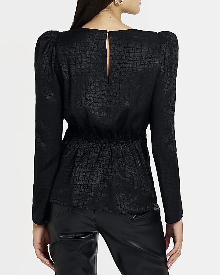 Black satin jacquard twist blouse