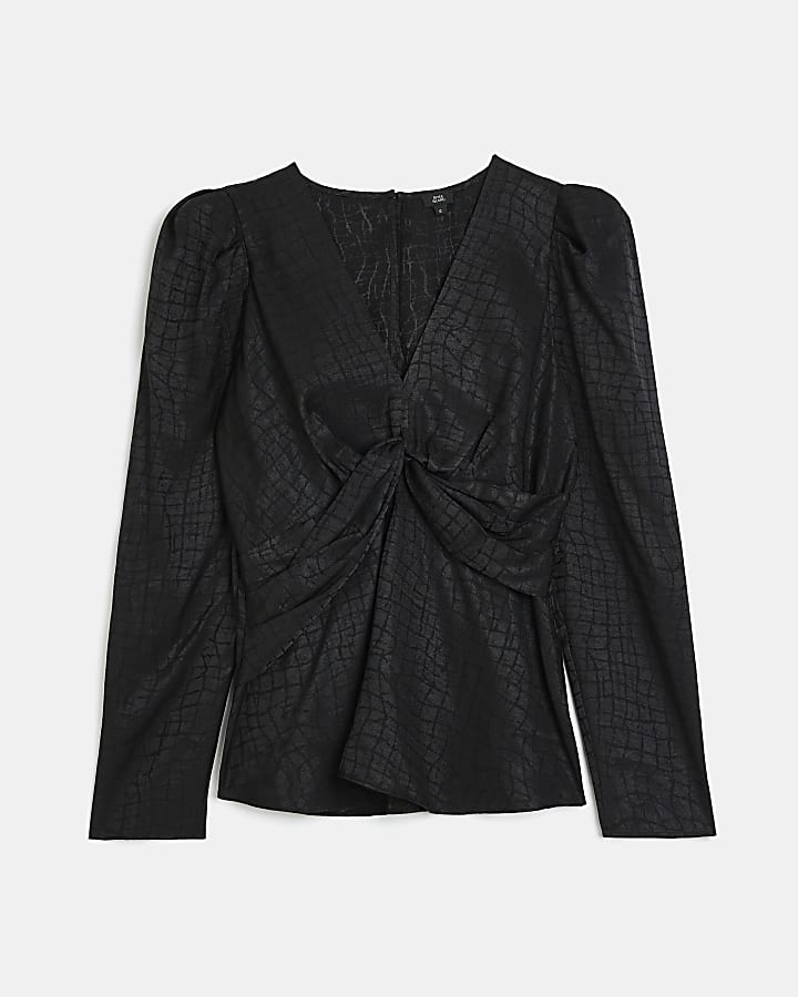 Black satin jacquard twist blouse