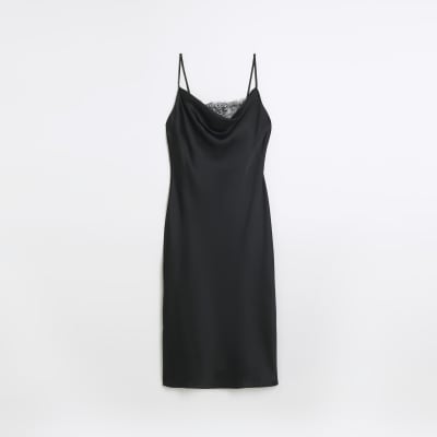 Black satin lace detail slip midi dress