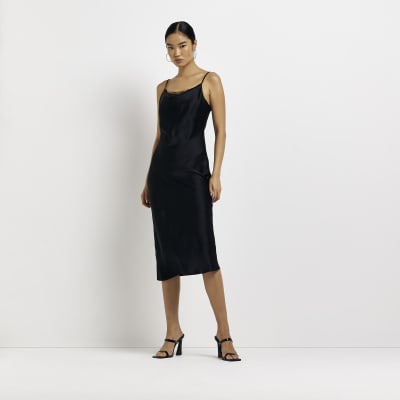 Black satin lace detail slip midi dress | River Island