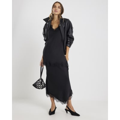 Black Satin Lace Trim Midi Skirt